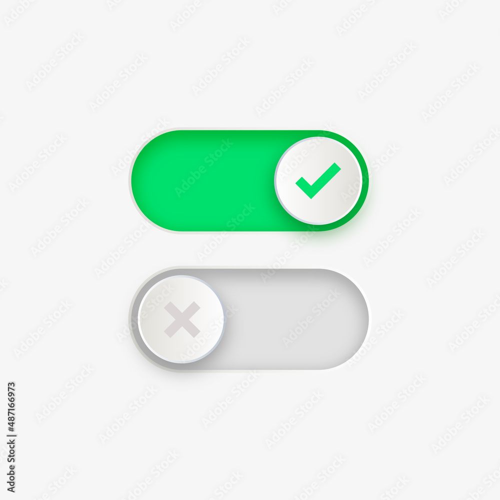 Vecteur Stock On Off toggle switch buttons, checkmark icons yes or no with  switch slider in modern toggle, green tick and red cross symbols for user  interface, apps and website | Adobe