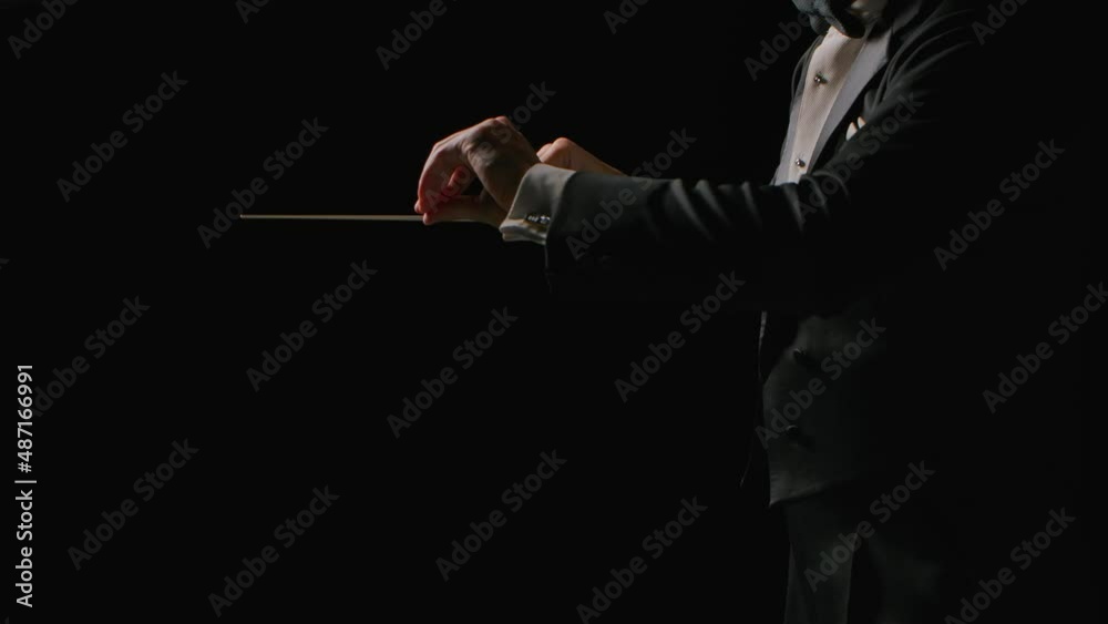 Symphony orchestra conductor wearing suit is directing musicians with movement of baton, isolated on black background. Conducting, directing a musical performance with visible gestures. Close up.