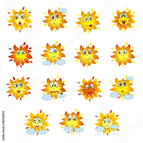 Set of yellow emojis sun isolated on white background. Illustration
