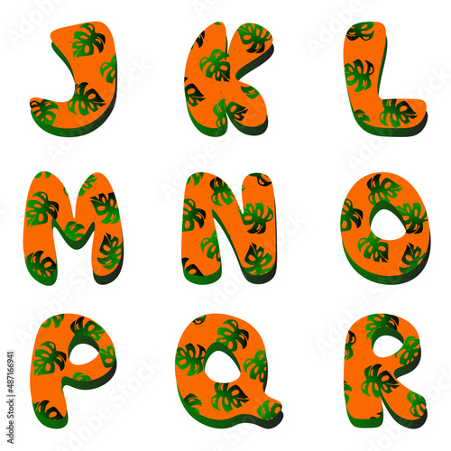 Orange letters J, K, L, M, N, O, P, Q, R with a pattern of monstera leaves