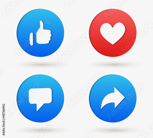 3d social media notification icons, Like love comment share buttons in 3d modern style, Thumb up and heart icon. like, forward, comment repost icon	

