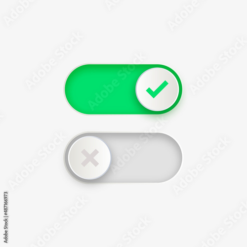 On Off toggle switch buttons, checkmark icons yes or no with switch slider in modern toggle, green tick and red cross symbols for user interface, apps and website