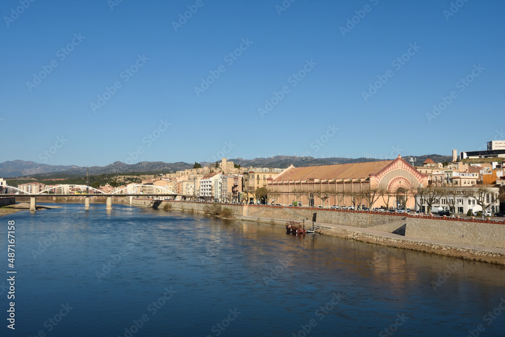 view of Tortosa, river Ebro, market and la Suda, Terragona province, Catalonia, Spain