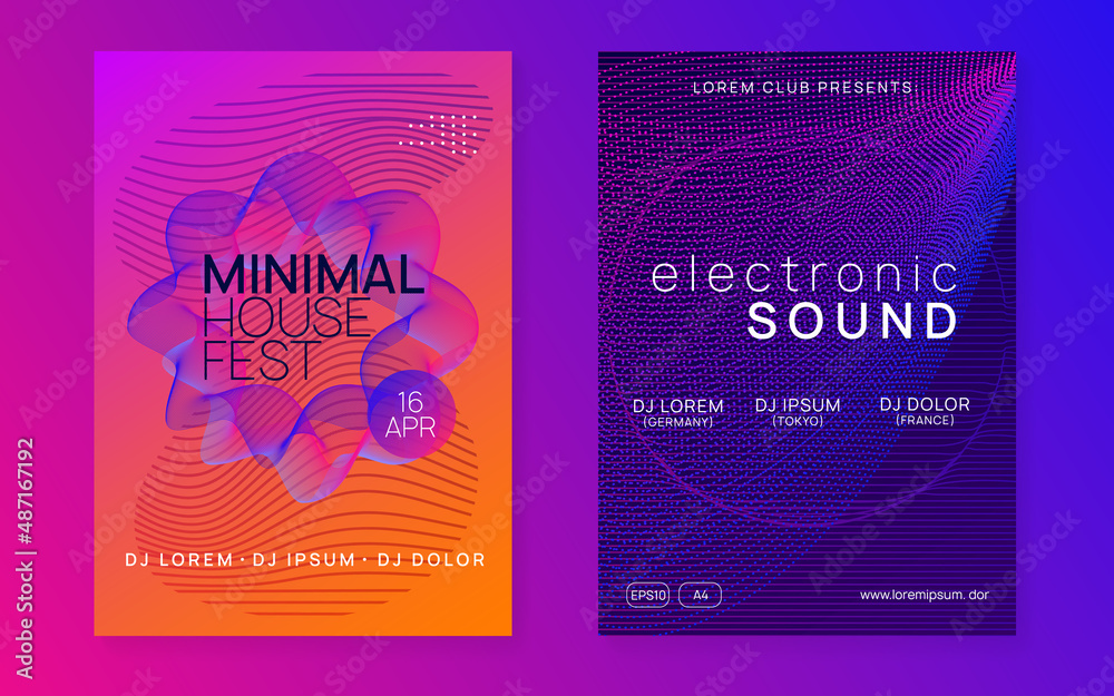 Fototapeta premium Neon dj party flyer. Electro dance music. Techno trance. Electronic sound event. Club fest poster.