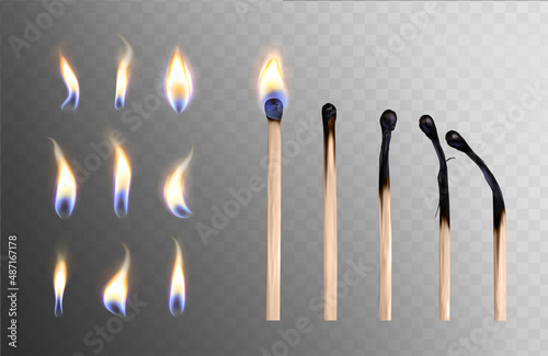 Realistic 3d vector illustration of whole and burnt wooden matchsticks and different flame icon set. Stages of match or wood stick burning or ignition from fire isolated on transparent background.