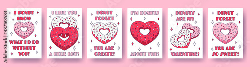 Set of Valentine Day donut heart cards with pun quotes about love in retro cartoon style. Love vector illustration for favor tags, postcards, greeting cards, posters, or banners.