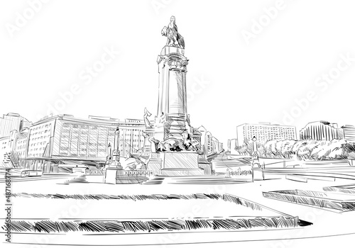 Marques de Pombal Square. Lisbon. Portugal. Europe. Hand drawn vector illustration.