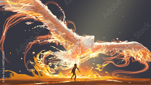 The child looking at the phoenix bird flying above him, digital art style, illustration painting photo