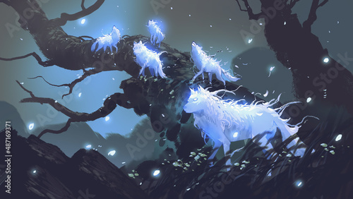 night scene of glowing wolves in the dark forest, digital art style, illustration painting