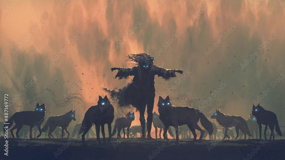Naklejka premium The wizard standing among his demonic wolves, digital art style, illustration painting