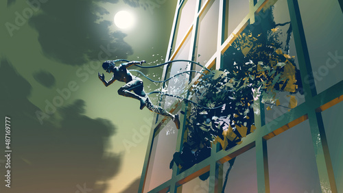 Futuristic human running breaking through the glass of the building in the night scene, digital art style, illustration painting