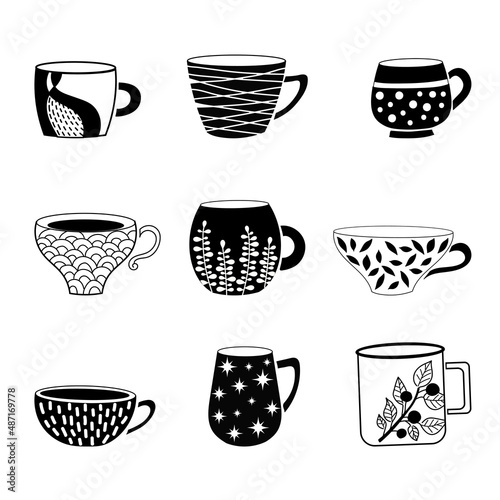 Set of cups for coffee, tea. Monochrome vector flat illustration Cute trendy crockery with handle for drink.	
