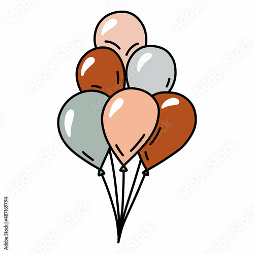 Festive balloons for birthday or party. Bunch of balls. Hand drawn vector illustration in doodle style. Isolated element on a transparent background