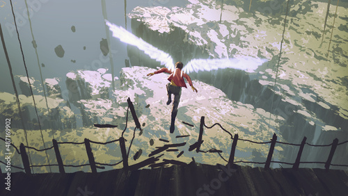 A man with magical wings jumping from a wooden bridge flying into the sky below, digital art style, illustration painting