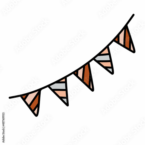 Festive triangular garland flags. Hand drawn vector illustration in doodle style. Isolated element on a transparent background