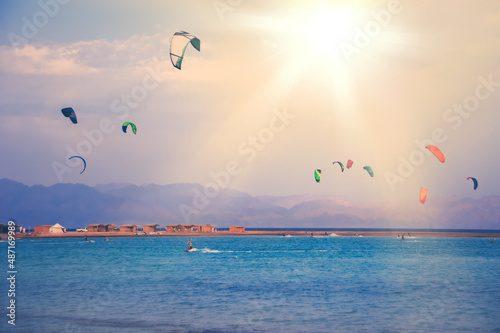 kitesurfers in the sky over the blue lagoon Egypt