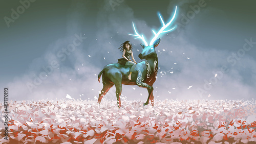 The young girl sitting on her magic stag with the glowing horns, digital art style, illustration painting