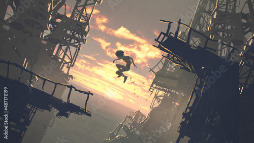 A kid jumping from the ruins of a building against the sunset scene, digital art style, illustration painting
