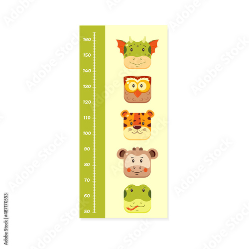 Children height meter with ruler in centimeters with cartoon animal muzzles.