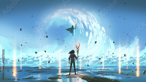 A confrontation between a hero and a villain set against the background of shore, digital art style, illustration painting