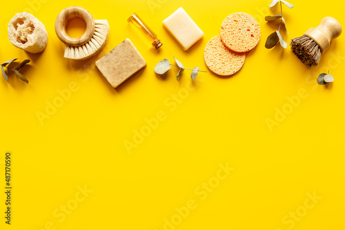 Spa cosmetic products with shower sponge and pumice. Top view flatlay