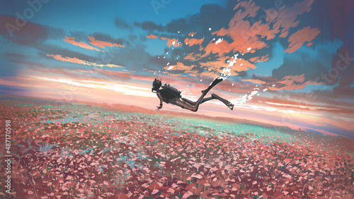 Surreal scene of a diver floating in the air over a field of flowers at dusk, digital art style, illustration painting