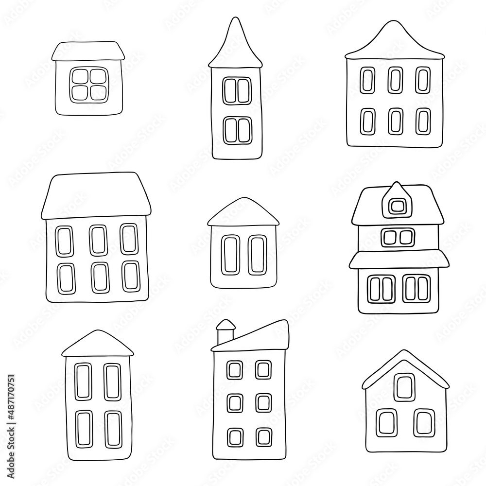 Vector illustration of nine cartoon outline houses isolated on a white background. Coloring page, element for your design.