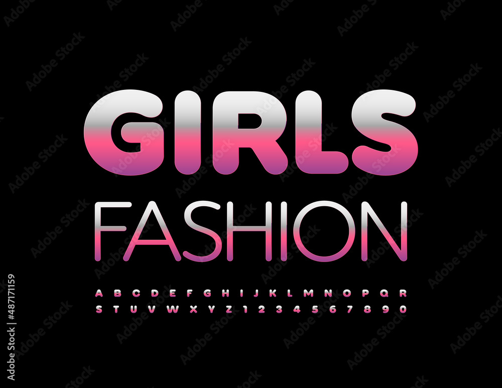 Vector glamour emblem Girls Fashion. Pink metallic Font. Elegant Alphabet Letters and Numbers set