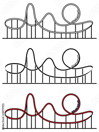 Full Rollercoaster Track with Loop Clipart Set - Outline, Stamp and Color
