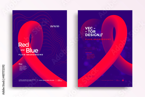 Liquid poster design in duotone gradients. Cover design with red and blue fluid color shapes composition. Futuristic design for flyer. photo