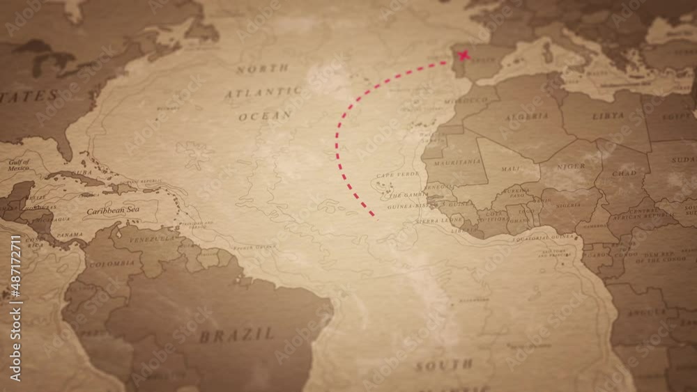 Travel, adventure and discovery.Old map animation with Portuguese ship route to Brazi