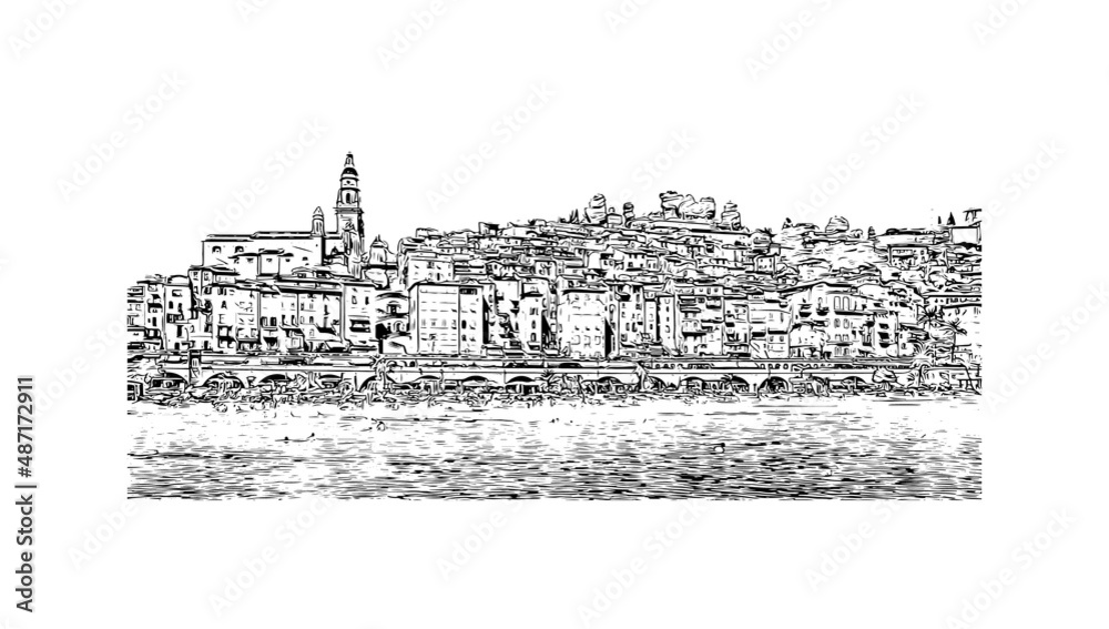 Building view with landmark of Menton is the 
commune in France. Hand drawn sketch illustration in vector.