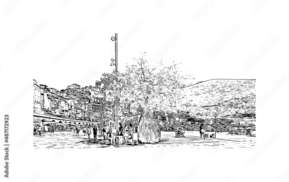 Building view with landmark of Menton is the 
commune in France. Hand drawn sketch illustration in vector.