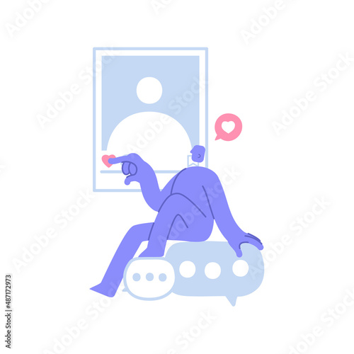Flat modern character sits on speech bubbles and likes under the photo on social networks. Business Concept illustration with man taking part in business activities