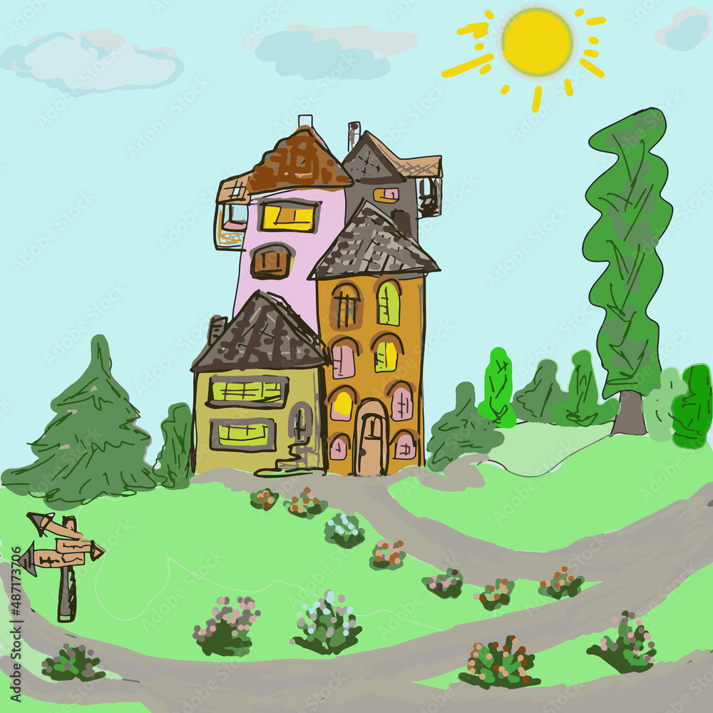 Houses against the sky with clouds and sunshine. a house in the middle of a forest. a nice cosy street with cottages. Houses against the sky with clouds and sunshine. a house in the middle of a forest. a nice cosy street with cottages.