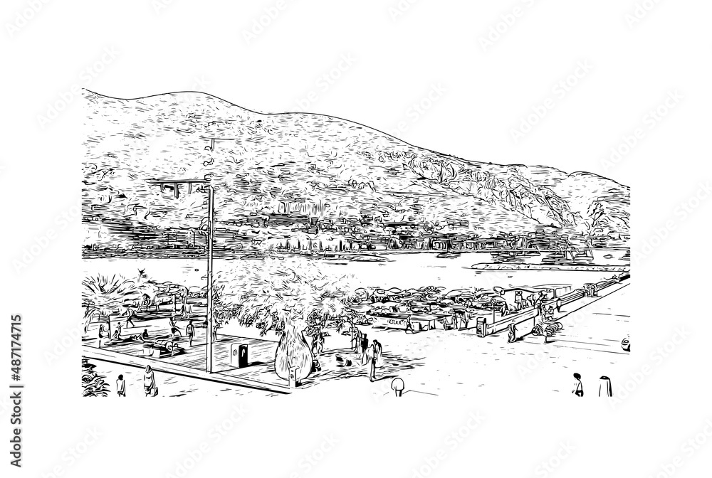 Obraz premium Building view with landmark of Menton is the commune in France. Hand drawn sketch illustration in vector.