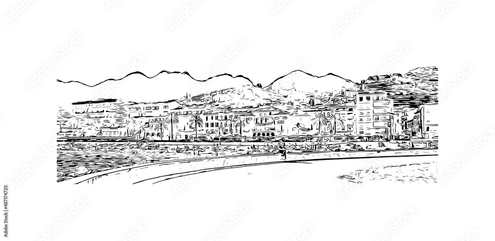 Obraz premium Building view with landmark of Menton is the commune in France. Hand drawn sketch illustration in vector.