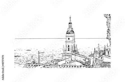 Building view with landmark of Menton is the commune in France. Hand drawn sketch illustration in vector.
