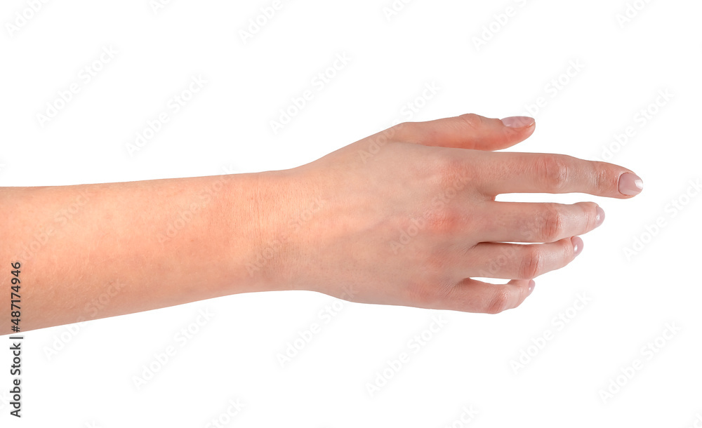 Woman stretching hand to handshake. Empty woman hand isolated on white background. High quality photo