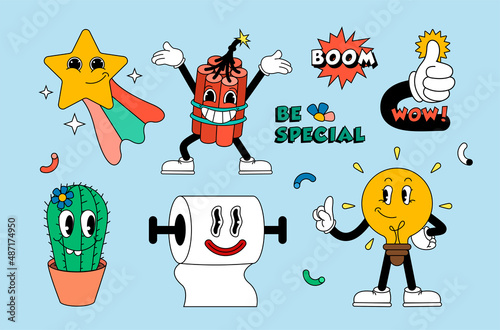 Retro cartoon stickers with funny comic characters, gloved hands. Contemporary illustration of comic star, light bulb, happy dynamite, boom, toilet paper, cactus, and gloved hand with thumbs up