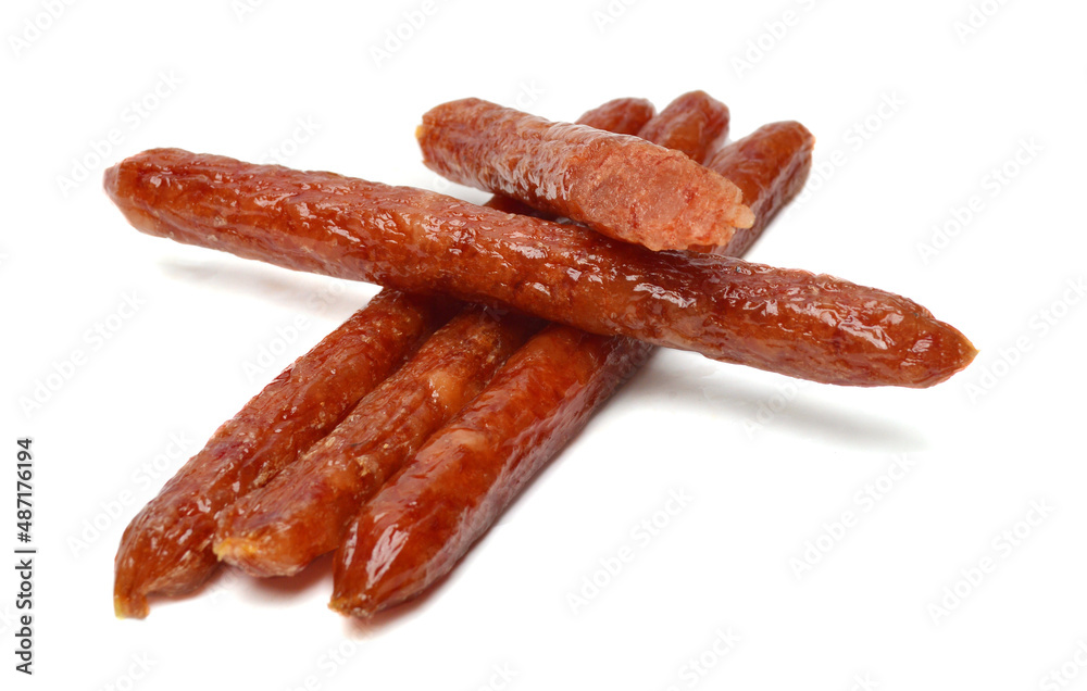 Smoked sausages on white background Smoked sausages on white background