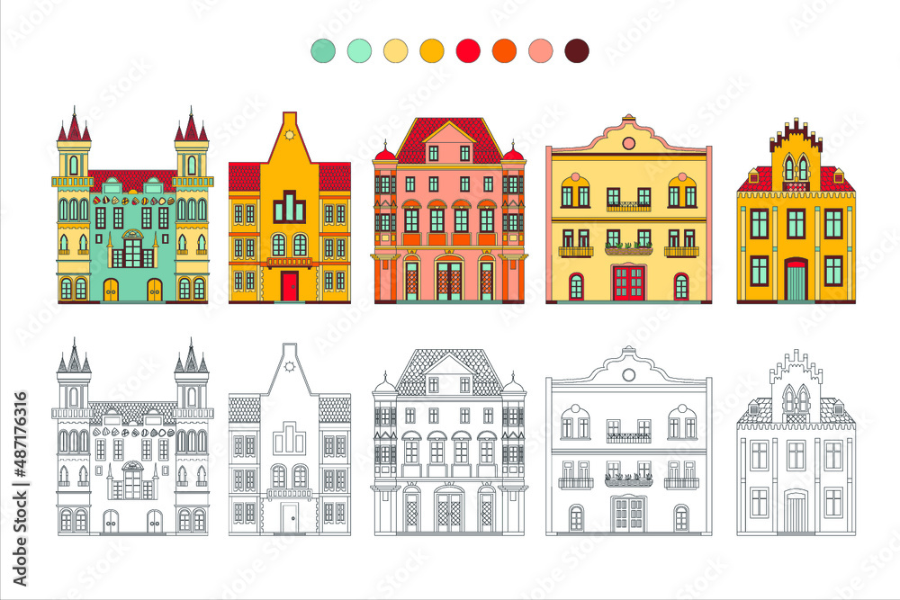 Coloring book with a contour and color example. Cute medieval houses.