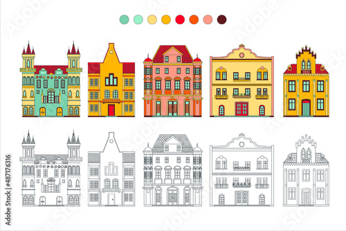 Coloring book with a contour and color example. Cute medieval houses.