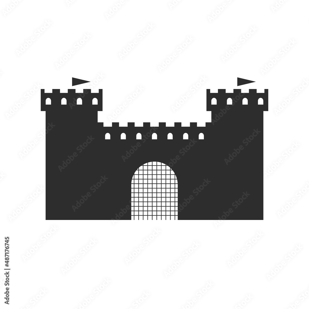 Medieval castle with watchtowers and lifting gate. Feudal fortress, feudalism. Fairytale castle. Flat vector illustration isolated on white background.