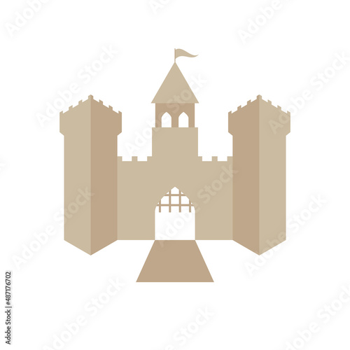 Medieval castle with watchtowers and lifting gate. Feudal fortress, feudalism. Fairytale castle. Flat vector illustration isolated on white background.