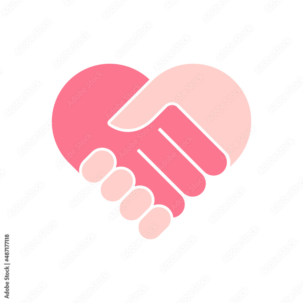 One heart, two hand palms, care love symbol. Pink heart handshake icon. Flat vector illustration isolated on white background. One heart, two hand palms, care love symbol. Pink heart handshake icon. Flat vector illustration isolated on white background.