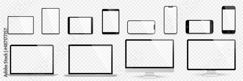 Realistic set computer, laptop, tablet and smartphone. Device screen mockup collection. Realistic mock up computer, laptop, tablet, phone with shadow- stock vector.