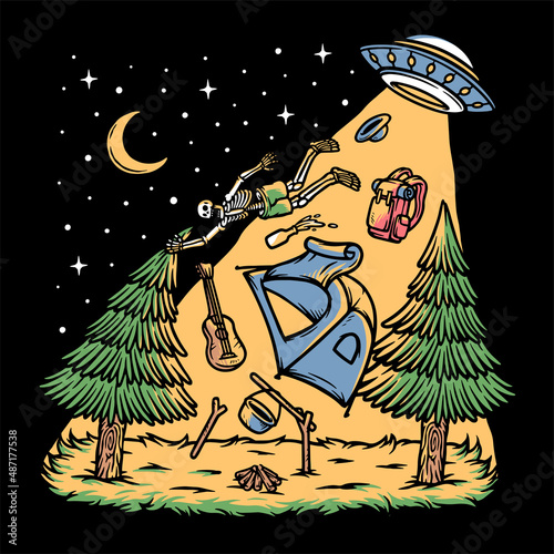 skull attacked by ufo while camping illustration
