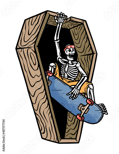 skull riding skateboard illustration