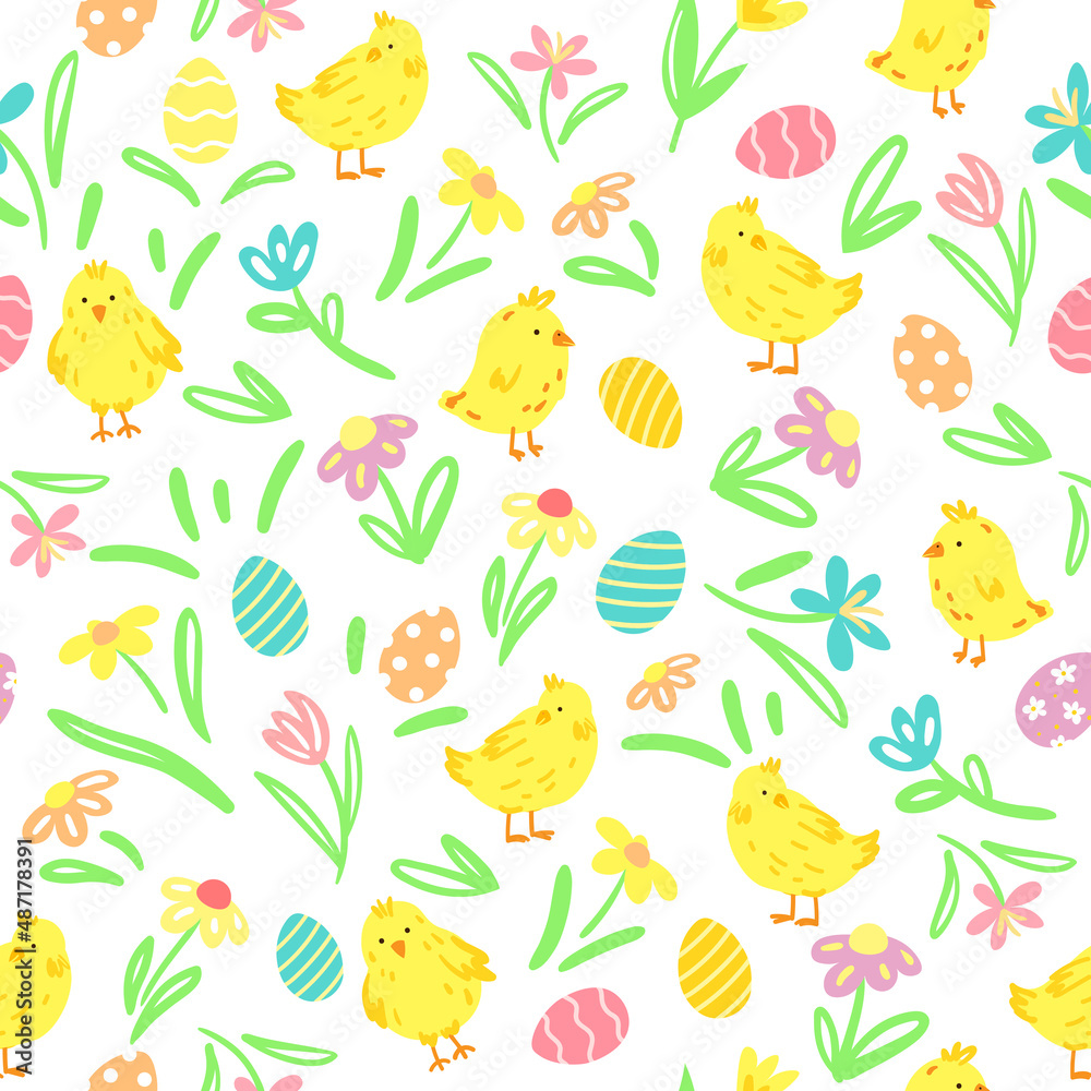 Easter seamless pattern with cute chikens, easter eggs and spring flowers